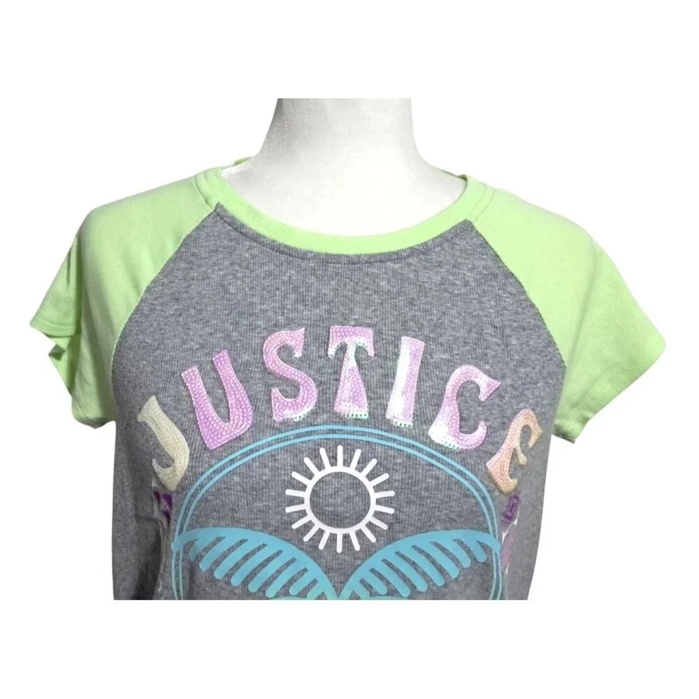 Justice Girls XL Gray & Green Raglan Crop Top With Sequin Lettering & Palm‎ Tree